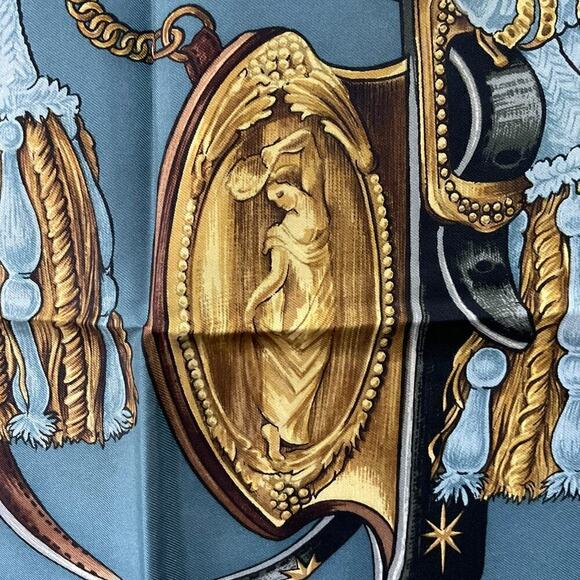 Hermes  Bride de Cour Brown, Blue, White, and Gold 100% Silk Scarf 90cm Square - Picture 14 of 16